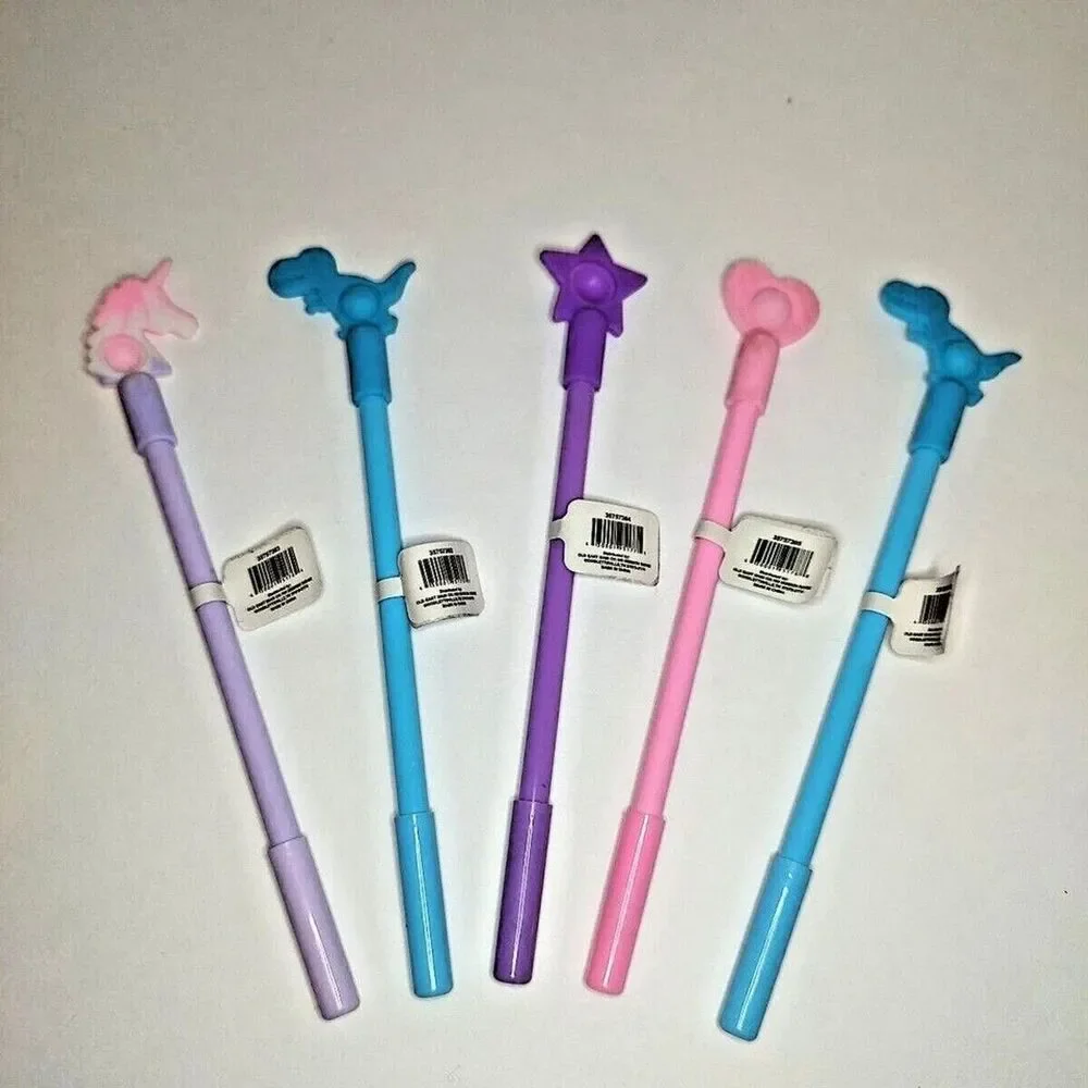 Lot of 5 Novelty Ink Pen Unicorn Dinosaur Star Heart Silicone Fidget Pop Game